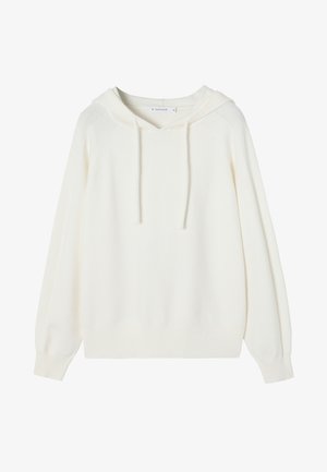 White pullover hoodie made of soft fabric, featuring a drawstring hood, ribbed cuffs, and a relaxed fit with a smooth texture.
