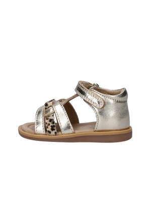 Toddler sandal with metallic gold straps, leopard print accent, velcro ankle closure, and brown rubber sole, shown from the side on white background.