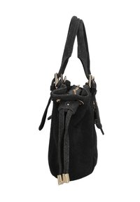 Sac seau en daim noir avec deux poignées supérieures, fermeture à cordon ajustable et accents en métal doré. Texture lisse, forme structurée.