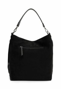 Borsa hobo in suede nera con una sola tracolla, una tasca frontale con zip e una superficie liscia. Design minimalista senza accessori hardware visibili.