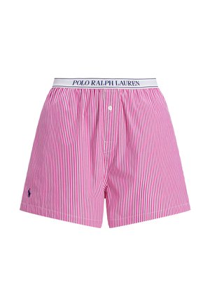 Rot-weiß gestreifte Boxershorts mit einem weißen Bund, auf dem "POLO RALPH LAUREN" in Marineblau steht. Vorgelegte Knopfleiste vorne und Logoakzent am Bein.