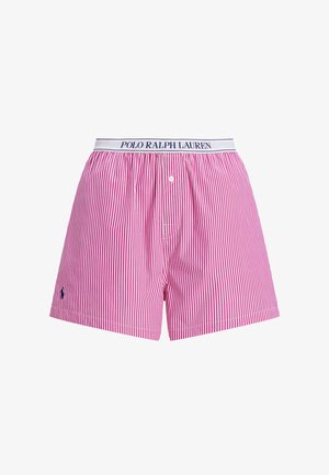 Rot-weiß gestreifte Boxershorts mit einem weißen Bund, auf dem "POLO RALPH LAUREN" in Marineblau steht. Vorgelegte Knopfleiste vorne und Logoakzent am Bein.
