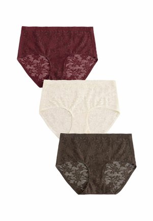 Lace boxerset in bordeaux, ivoor en donkerbruin met bloemenpatronen en een gladde textuur, voorzien van een volledige bedekkingsontwerp.