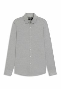 Camicia grigia a maniche lunghe realizzata in un tessuto liscio, con apertura davanti a bottoni e colletto classico con sottili dettagli testurizzati.