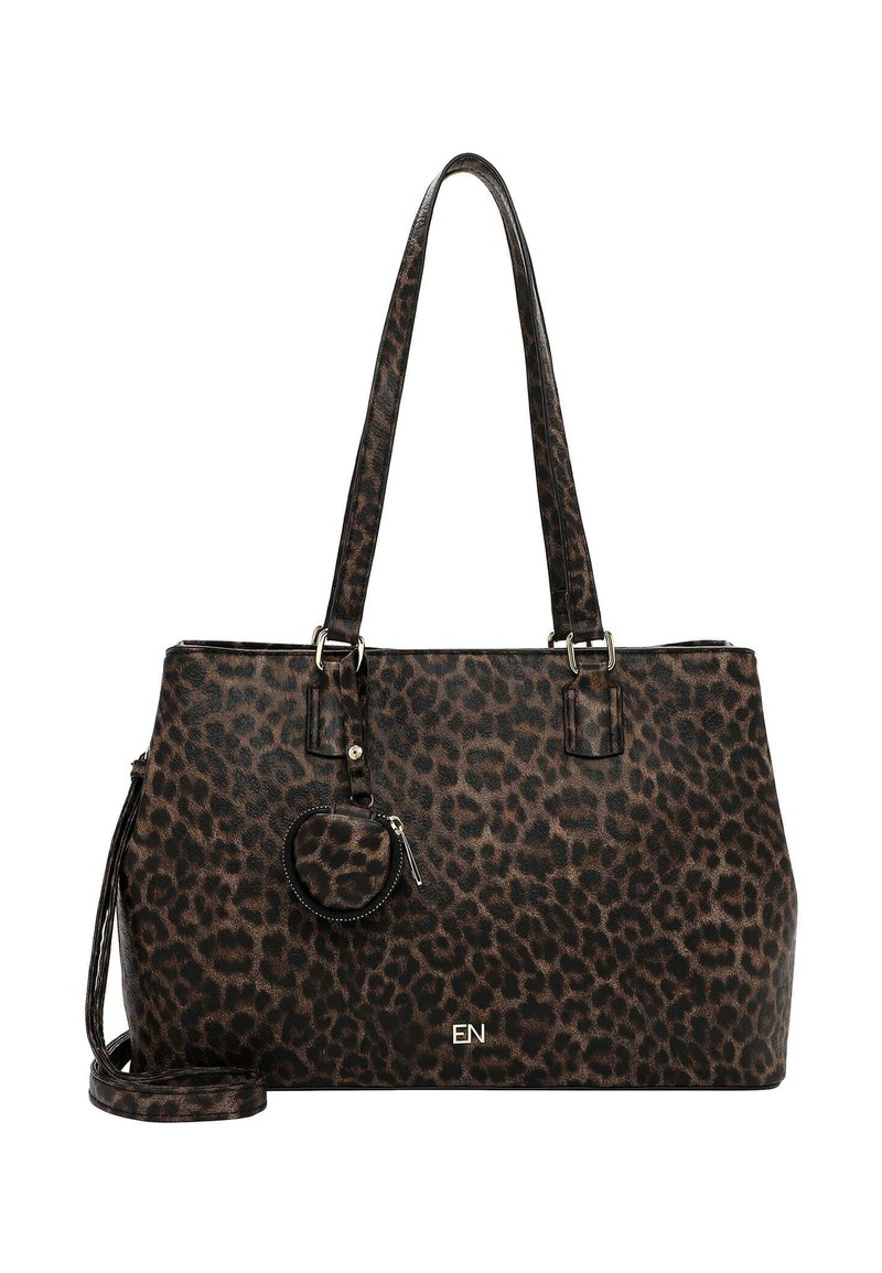 Sac fourre-tout en imprimé léopard fait de matériau synthétique texturé, doté de doubles poignées, d'une pochette ronde amovible et de quincaillerie dorée.