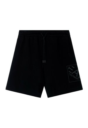 Pantalones cortos casuales negros con cintura elástica, cordón ajustable, bolsillos laterales y un sutil logo impreso en la pierna derecha inferior.