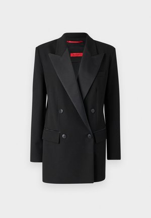 Schwarzer zweireihiger Blazer aus glattem Stoff mit Satinrevers, zwei frontalen Taschen und schmaler Passform. Rotes Markenlabel im Inneren.