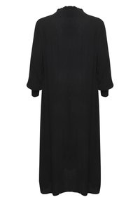 Black, knee-length dress with three-quarter sleeves, featuring a round neckline and a smooth texture. No visible patterns or accents.