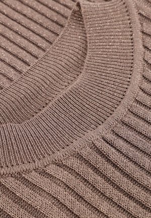 Brown ribbed knit fabric with metallic threads, featuring a smooth collar and textured pattern. Close-up view highlights the material and design.