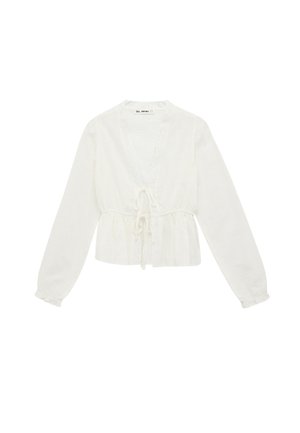 Witte blouse met lange mouwen, frontale striksluiting, oogjesborduursel, geraffineerde taille en elastische manchetten.