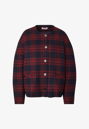Plaid jacket with a navy base and red checks, featuring a round neckline, five buttons, and two front pockets. Soft fabric texture.