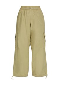 Licht khaki cargobroek met een wijde pijpdesign, voorzien van een elastische tailleband, knoopsluiting en zijzakken met kleppen.