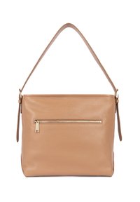 Borsa a tracolla in pelle color cuoio con texture liscia, tasca frontale con cerniera e una sola tracolla regolabile. Design minimalista senza hardware visibile.