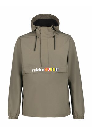 Khaki lightweight jacket with a high neck, drawstring hood, and elastic cuffs; features a front pocket with a printed logo.