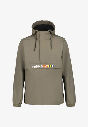 Khaki letvægtsjakke med høj hals, snoretræk i hætten og elastiske manchetter; har en frontlomme med et trykt logo.