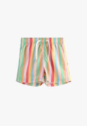 Färgglada randiga badshorts med vertikala ränder i pastellfärger av rosa, blått, gult och grönt, med elastisk midja och dragsko.