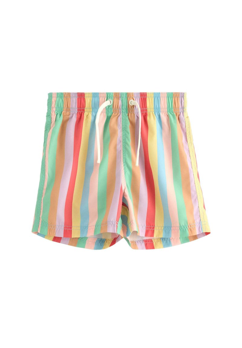 Farverige stribede badebukser med lodrette striber i pastelfarver som pink, blå, gul og grøn, med elastisk talje og snor.
