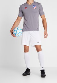 Šedý dres Nike s červeným logem a klubovým emblémem, bílé šortky, černé kopačky, drží modro-bílý fotbalový míč.