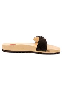 Brown suede slide sandal with a wooden footbed, open toe design, and textured rubber outsole for grip. Features a single strap across the foot.