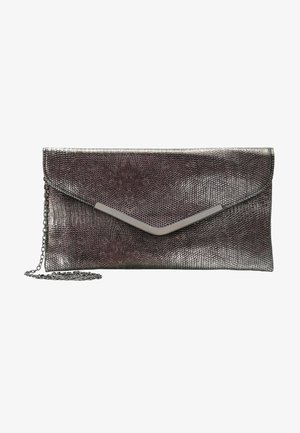 Metallisch graue Clutch-Tasche mit einer strukturierten Kunstleder-Oberfläche, ausgestattet mit einer schrägen metallischen Akzentuierung und einem abnehmbaren Kettenriemen.