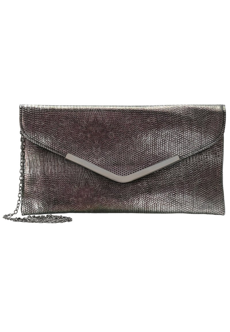 Sac à main argent métallique avec une finition en simili cuir texturé, mettant en avant un accent métallique angulé et une chaîne amovible.