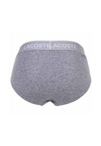 Grijze katoenen damesondergoed met een gladde textuur, voorzien van een lichtgrijze tailleband waarop het "Lacoste"-logo is gedrukt.