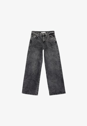Weite Jeans aus grauem Denim mit einem verblassten Finish. Verfügt über fünf Taschen und einen standardmäßigen Knopf- und Reißverschluss.