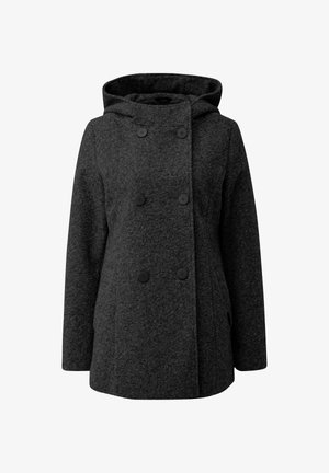 Grau gestreifter zweireihiger Mantel mit Kapuze, der aus einem strukturierten Stoff gefertigt ist, mit schwarzen Knöpfen und seitlichen Taschen. Weiches, warmes Design für kühlere Wetterbedingungen.