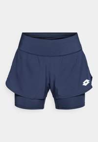 Námořnické modré dámské sportovní vrstvené šortky s širokým pasem a bílým logem značky na levé noze.