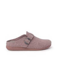 Zoccoli in feltro di un rosa chiaro. Caratterizzati da una punta arrotondata e una fascia laterale con fibbia. Suola in gomma per trazione e comfort. Texture liscia.