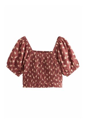 Bordový crop top s pufovanými rukávmi, so smocked telom a kvetinovým vzorom. Tkanina má jemnú textúru, štvorcový výstrih a elastické manžety.