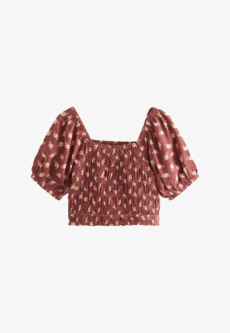 Bordeaux crop-top met pofmouwen en een gerimpelde corsage met florale print. De stof heeft een zachte textuur met een vierkante halslijn en elastische manchetten.