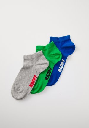 Three pairs of ankle socks: gray with red "HAPPY," green with black "HAPPY," and blue with white "HAPPY." Soft cotton blend, basic design.