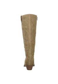Knee-high taupe suède laarzen met een licht taps toelopende neus, lage houten hak en een rits aan de achterkant voor eenvoudig aan- en uittrekken. Gladde textuur over het geheel.