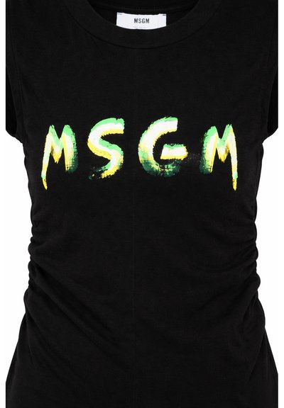 Haut noir sans manches avec côtés froncés et logo MSGM en grandes lettres style coups de pinceau vert et jaune sur le devant.