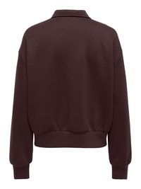 Sweat-shirt marron foncé à manches longues avec poignets et ourlet côtelés, vu de dos, avec un col simple et des coutures d'épaule tombantes.