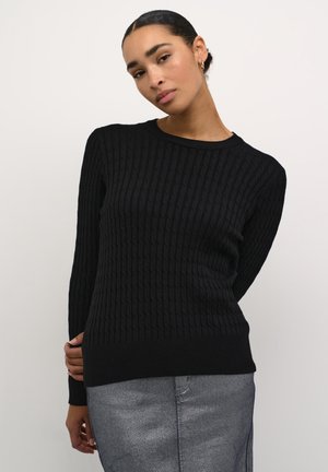 Maglione nero a coste con maniche lunghe e scollatura rotonda, caratterizzato da un motivo testurizzato e una vestibilità aderente all'orlo e ai polsini.