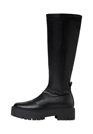 Stivale nero in pelle, fino al ginocchio, con suola platform nera e spessa, texture liscia e dettagli cuciti sul davanti e sul retro.