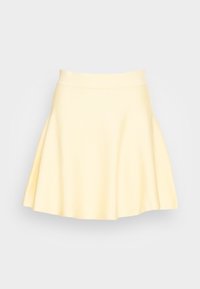 Flared skirt in soft yellow knit fabric; fitted waistband, smooth texture, knee-length with gentle draping for an A-line silhouette.