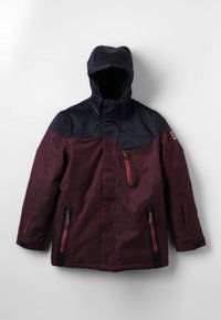 Kinderen winterjas met maroon en zwarte kleurblokken, capuchon, drie ritszakken en een logo patch op de linker mouw.