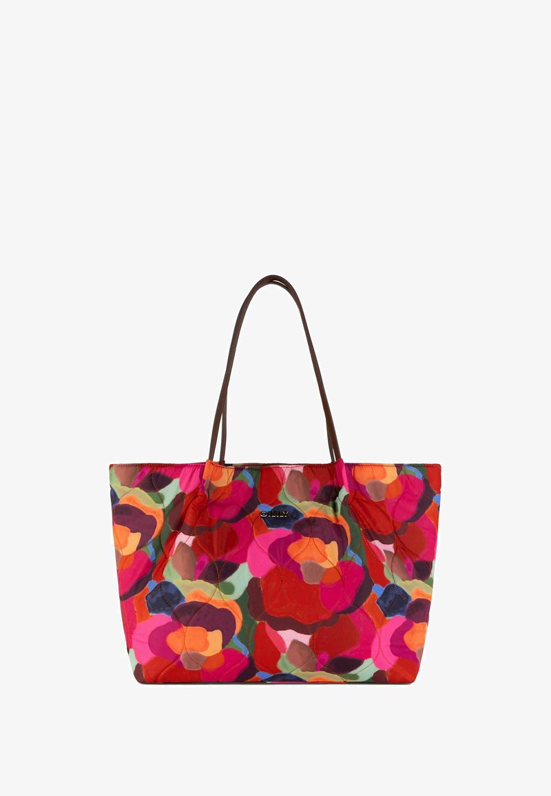 Gequilted draagtasje met een groot bloemenpatroon in roze, rood en groen. Heeft bruine leren handvatten en een magnetische drukknoopsluiting.