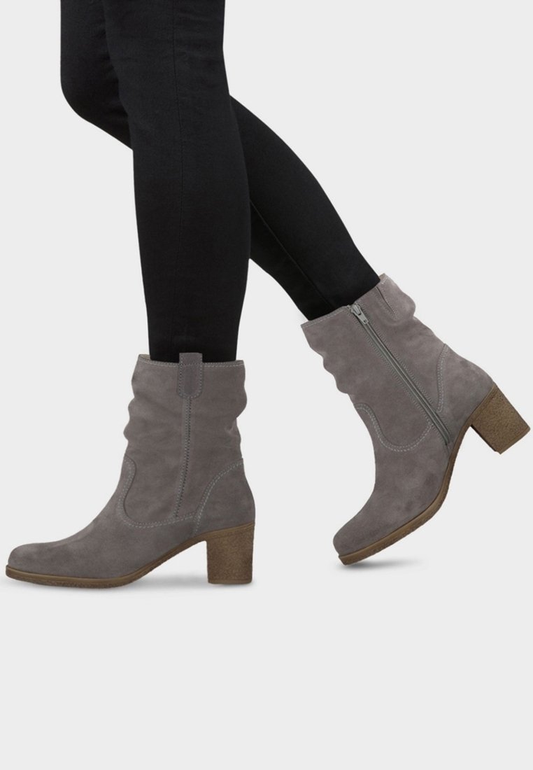 Jambes en pantalon noir portant des bottes mi-mollet en daim gris avec des fermetures éclair latérales et des talons épais en bois, présentées en posture de marche sur fond blanc.