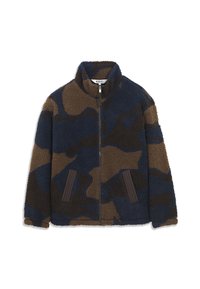 Veste en polaire camouflage bleu, marron et noir avec fermeture éclair intégrale sur le devant, col montant et poches latérales.