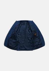 Niebieska kurtka z gładką satynową podszewką, dwoma wewnętrznymi kieszeniami i centralnym rozcięciem. Minimalistyczny design bez widocznych wzorów.