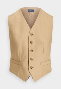 Béžová vesta s výstřihem do V, pěti hnědými knoflíky a dvěma bočními kapsami. Vyrobena z hladké, strukturované látky.