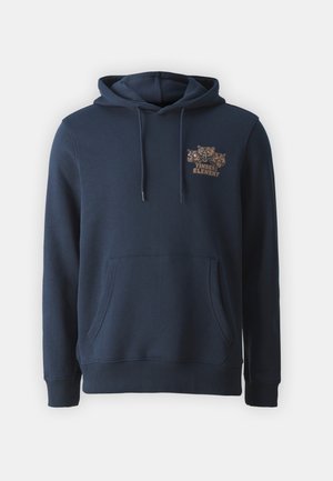 Marineblaue Kapuzenjacke mit Kängurutasche, Kordelzugkapuze und einem Bärenmotiv auf der linken Brust. Hergestellt aus einem weichen Baumwollmischgewebe.