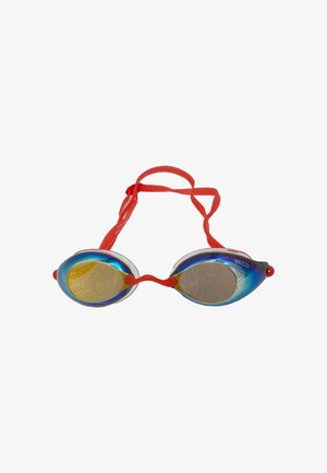 Schwimmbrille mit roten Silikonriemen, ovalen, verspiegelten Gläsern, die blaue und gelbe Akzente zeigen, gestaltet für das Schwimmen oder Wassersport.