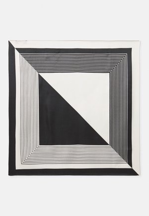 Schwarz-weißes quadratisches Tuch mit diagonaler Teilung und konzentrischen dünnen schwarzen Linien, die ein geometrisches, modernes Muster bilden.