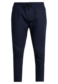 Marineblå joggerbukser lavet af et let materiale, med en elastisk talje med snor og tapered ben.