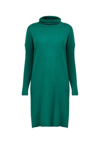 Robe pull col roulé verte avec manches longues côtelées, fentes latérales et coupe décontractée. Fabriquée en maille douce.